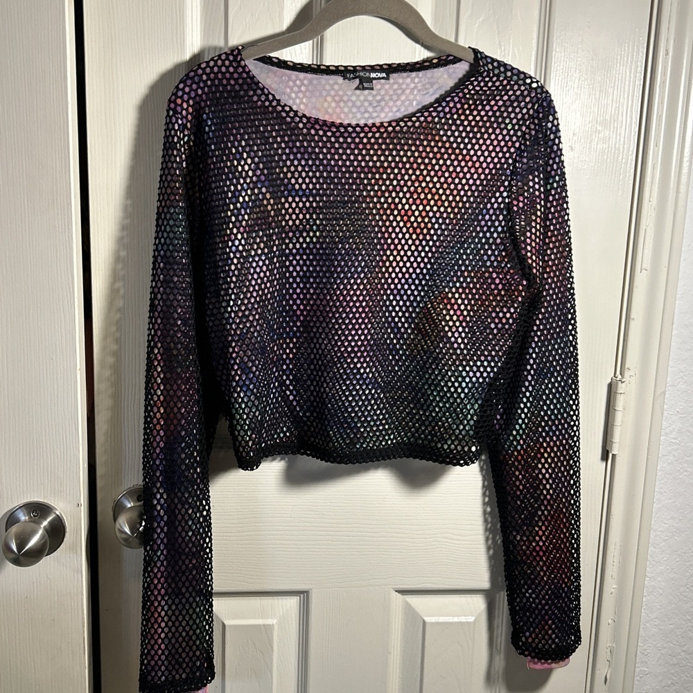 Fashion Nova Black Netted/ Multicolor Long Sleeve Crop Top Size XL